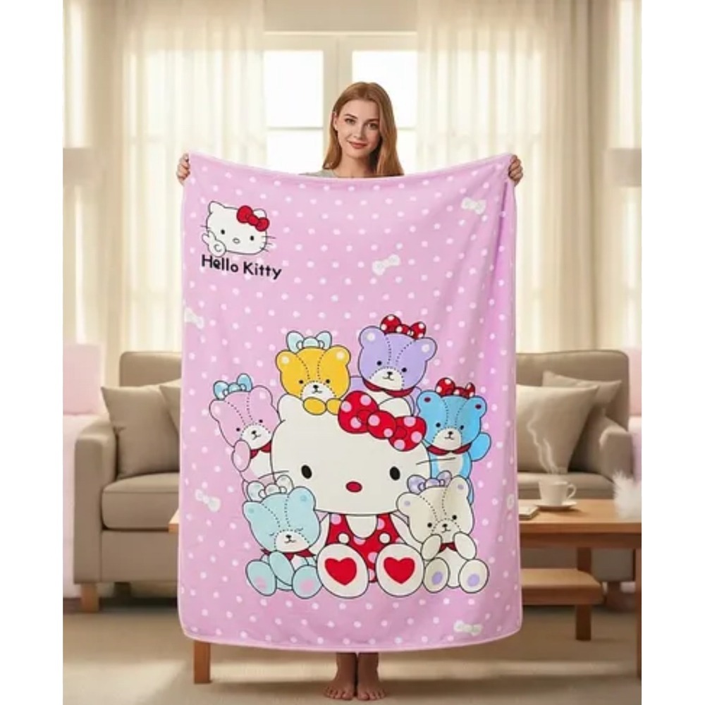 Sanrio Hello Kitty Blanket Kids Pink Polka Dot Teddy‎ Bear Flannel Blanket Anime